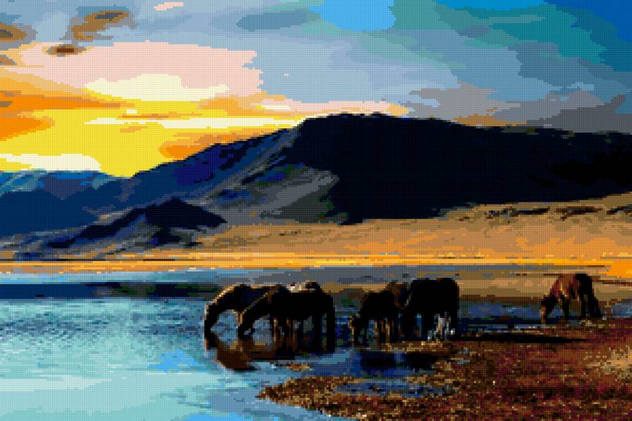 лошади на водопои - лошади, закат, горы. - предпросмотр