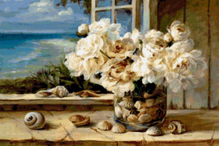 букет цветов и море - букет, цветы, ракушки, белые пионы, море, пейзаж - предпросмотр
