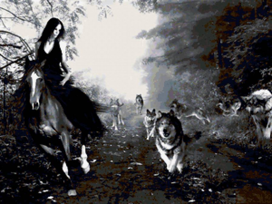 Девушка с волками - волки, девушка, лошадь, стая, лес - предпросмотр