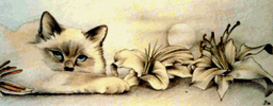 Кошечка с лилиями - кошки, цветы - предпросмотр
