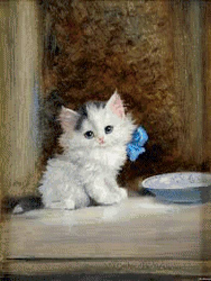 котенок с голубым бантом - миска, котенок, домашние животные, бант, живопись - предпросмотр