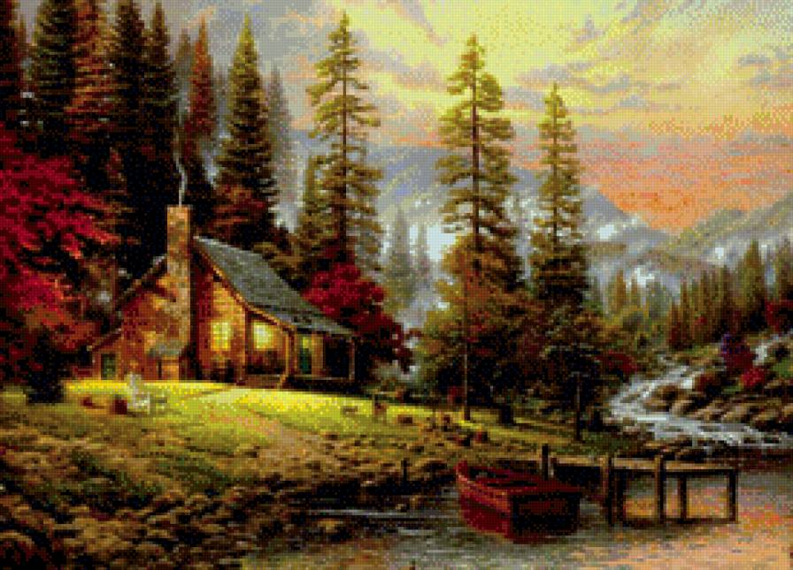 домик в лесу - дом, лодка, природа, лес, пейзаж, река - предпросмотр