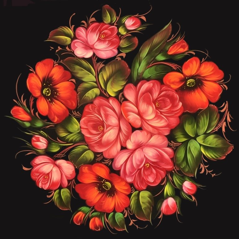 жостовская роспись - розовые цветы, красные цветы, букет, роспись, розы, жостово, роза - оригинал