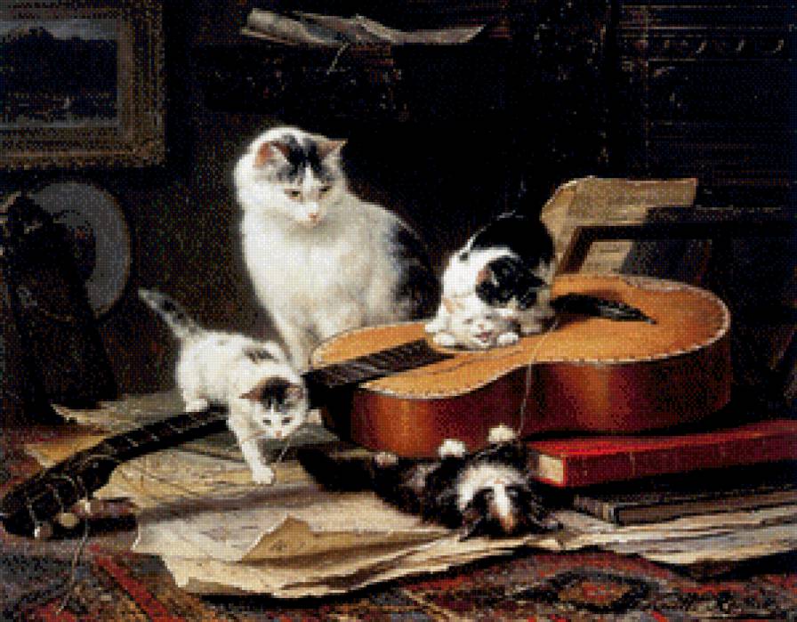 игривые котята - живопись, кошка, животные, котята, гитара - предпросмотр