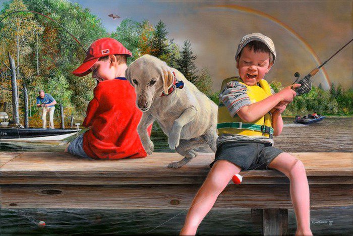на рыбалке - щенок, удочки, люди, дети, рыбалка - оригинал