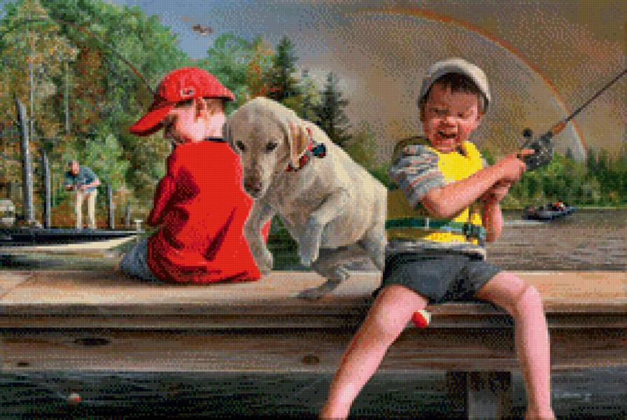 на рыбалке - дети, рыбалка, люди, щенок, удочки - предпросмотр