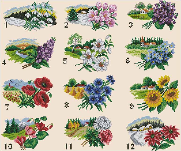 цветочный календарь - пейзаж, цветы, миниатюры, календарь - оригинал