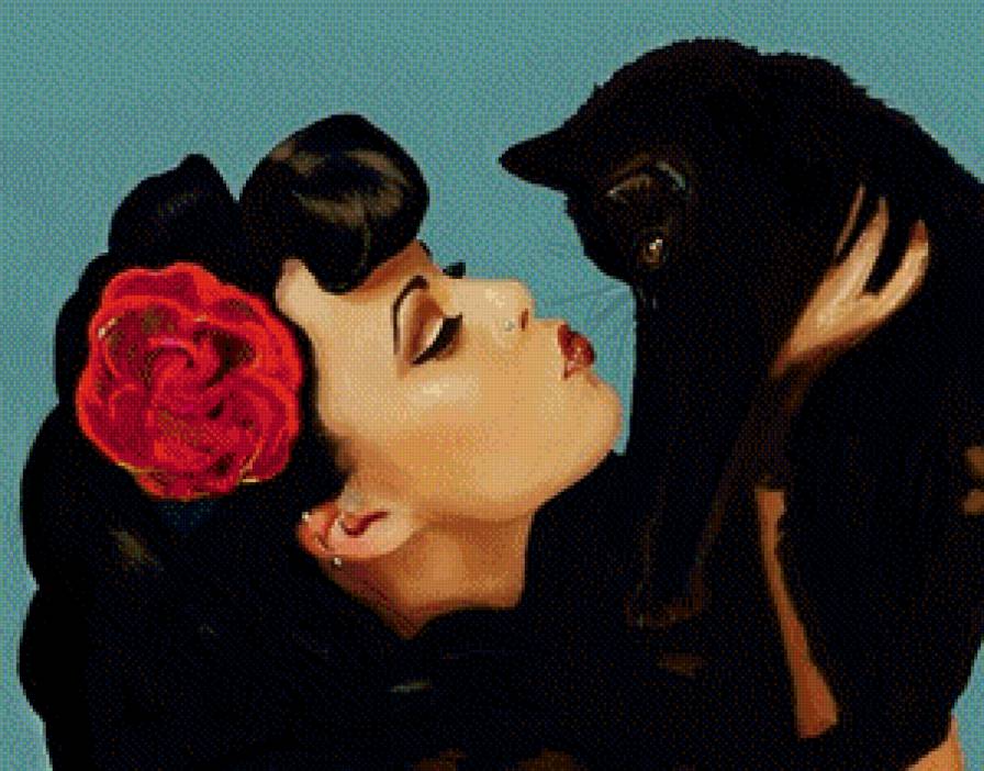 самый любимый мужчина - живопись, женщина, кот, девушка, котенок, цветок, роза, пара, любовь - предпросмотр