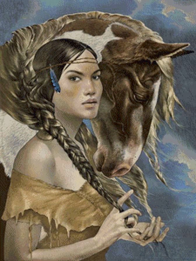 в гармонии с природой - мустанг, девушка, женщина, конь, америка, индеанка, лошадь, индейцы - предпросмотр