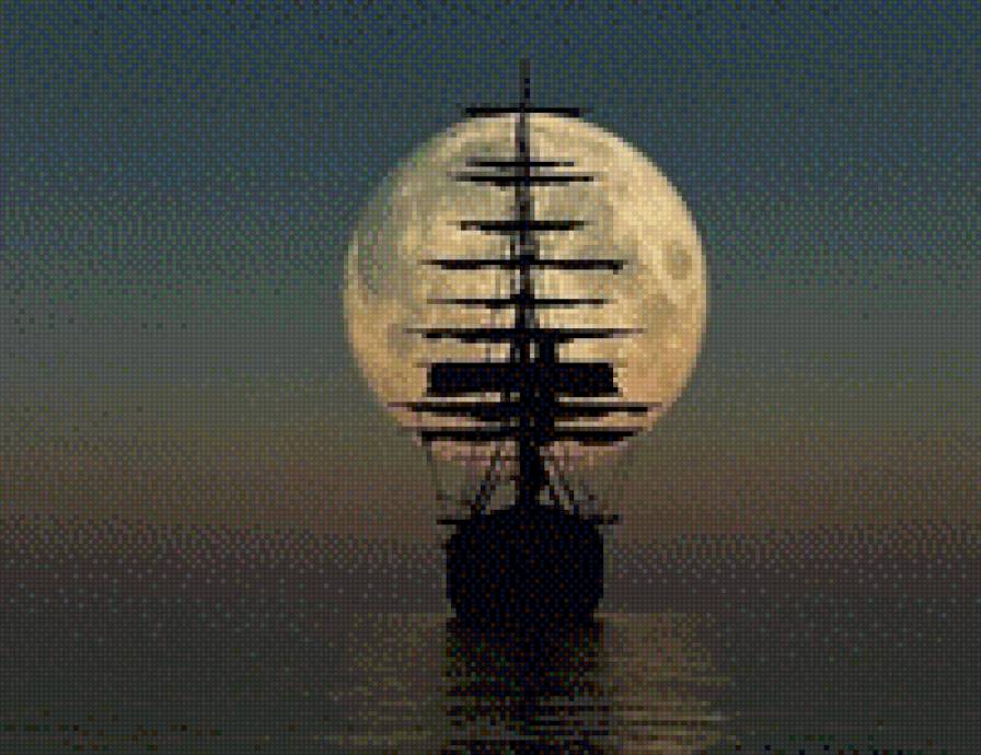 парусник при луне - луна, парусник, море - предпросмотр