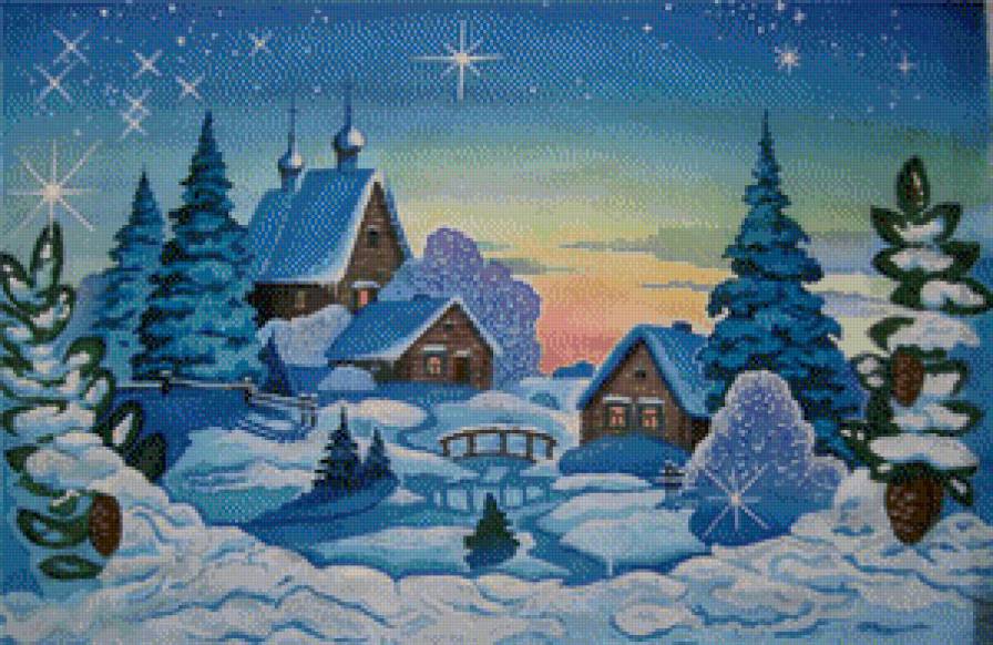 зимний пейзаж - снег, зима, ели, дом - предпросмотр