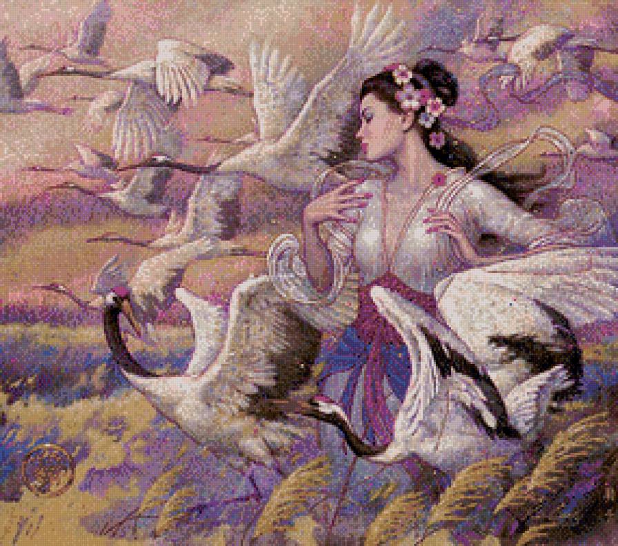 девушка и птицы - журавли, птицы, девушка - предпросмотр