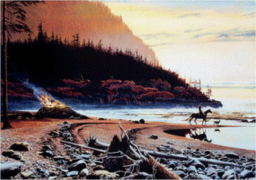 на берегу - лес, горы, море, берег, костер - предпросмотр