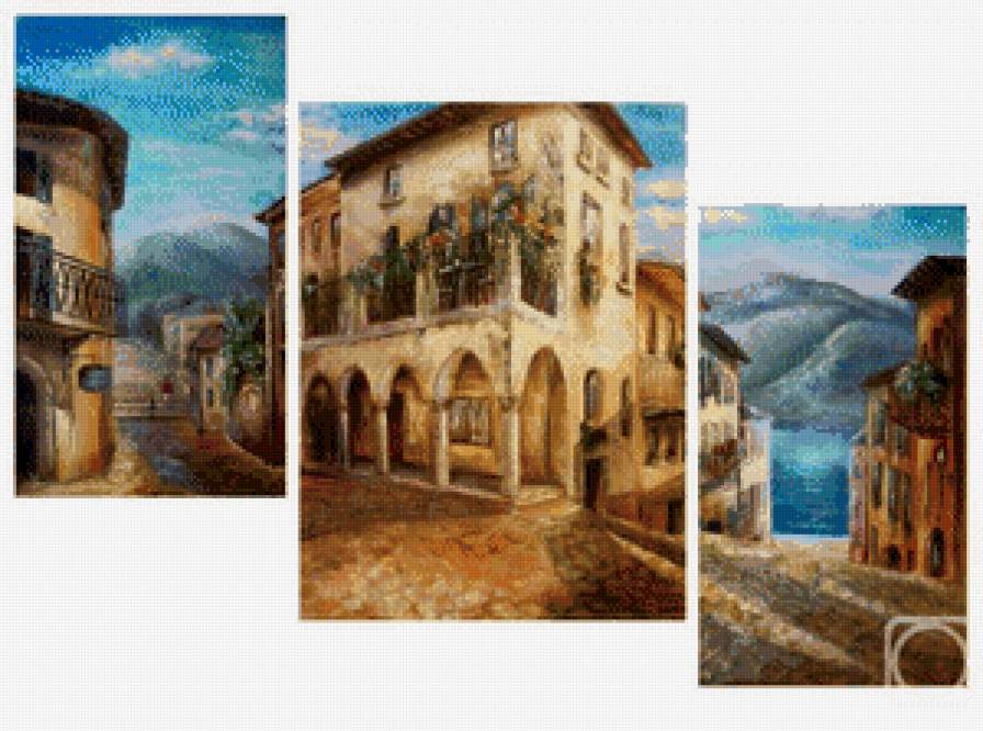 триптих "испанский полдень" - триптих, дома, пейзаж, улица, город - предпросмотр