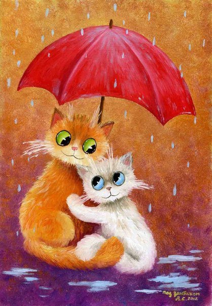 кошки - животные, зонт, пара, кошки - оригинал