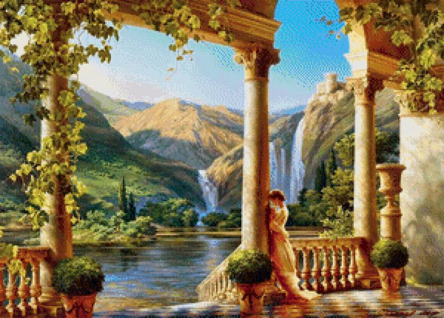 грезы новый вариант - мечты, водопад, девушка, замок, пейзаж - предпросмотр