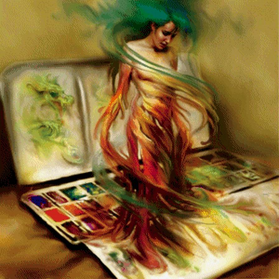 вдохновение - краски, рисунок, фэнтези, живопись, дракон, женщина, девушка - предпросмотр