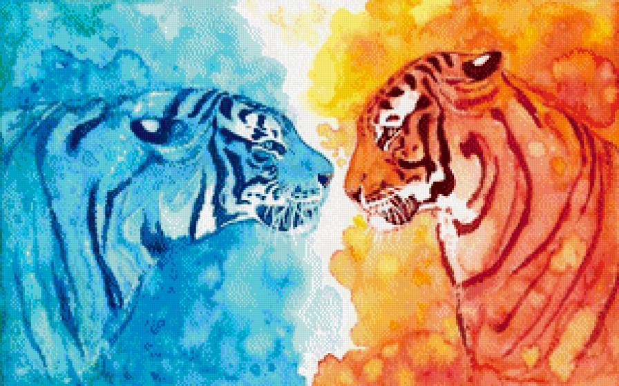 встреча - хищник, акварель, живопись, пара, тигр - предпросмотр