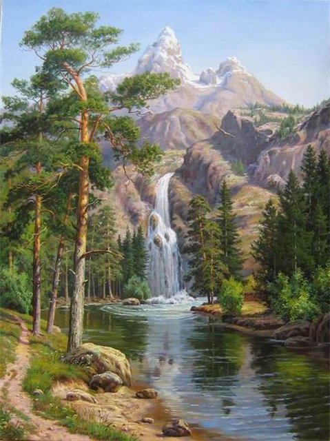 Водопад - водопад, река, живопись, природа, пейзаж, горы, лес - оригинал