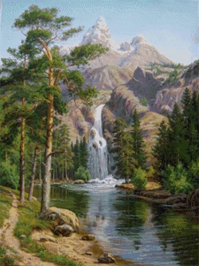 Водопад - горы, водопад, живопись, пейзаж, река, природа, лес - предпросмотр