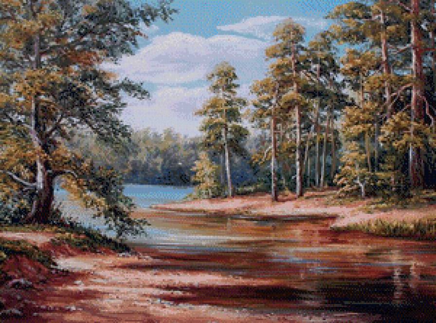 картина - лес, пейзаж, природа, лето, речка - предпросмотр