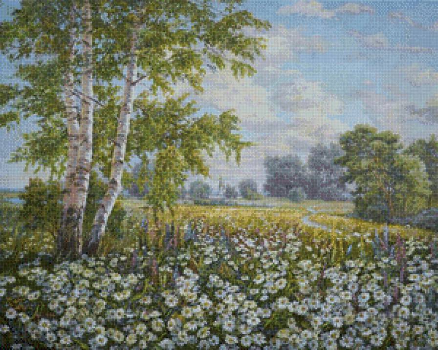 пейзажи родины - живопись, береза, цветы, деревья, природа, поле, ромашки - предпросмотр