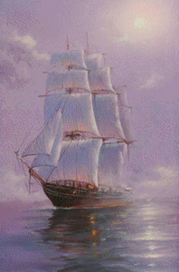 тишина - море, картина, туман, живопись, парус, утро, корабль - предпросмотр