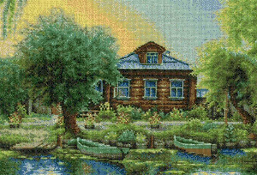 дом у реки - природа, река, пейзаж, лодка, дом - предпросмотр