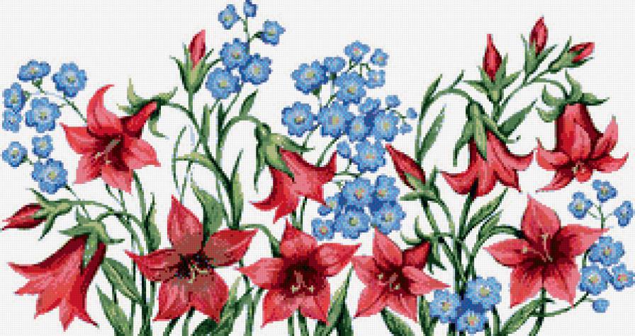 №440409 - незабудки, бордюр, лилии, салфетка, подушка, скатерть, цветы - предпросмотр