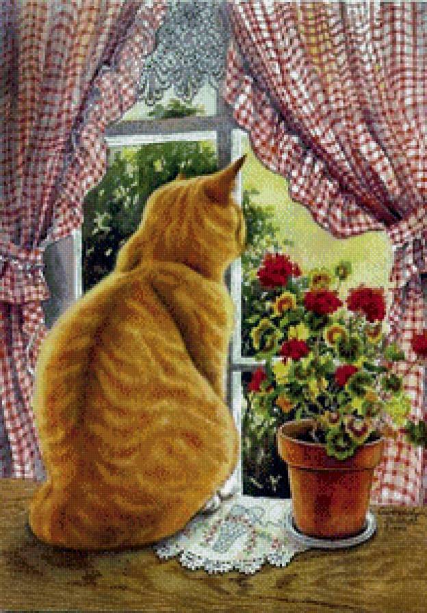котеня - цветы, окно, кошка - предпросмотр