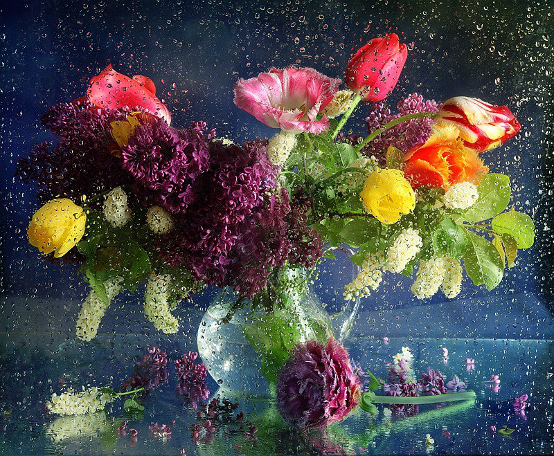 Серия "Цветы под дождем" - тюльпаны, черемуха, цветы, сирень, анемоны, розы, натюрморт - оригинал
