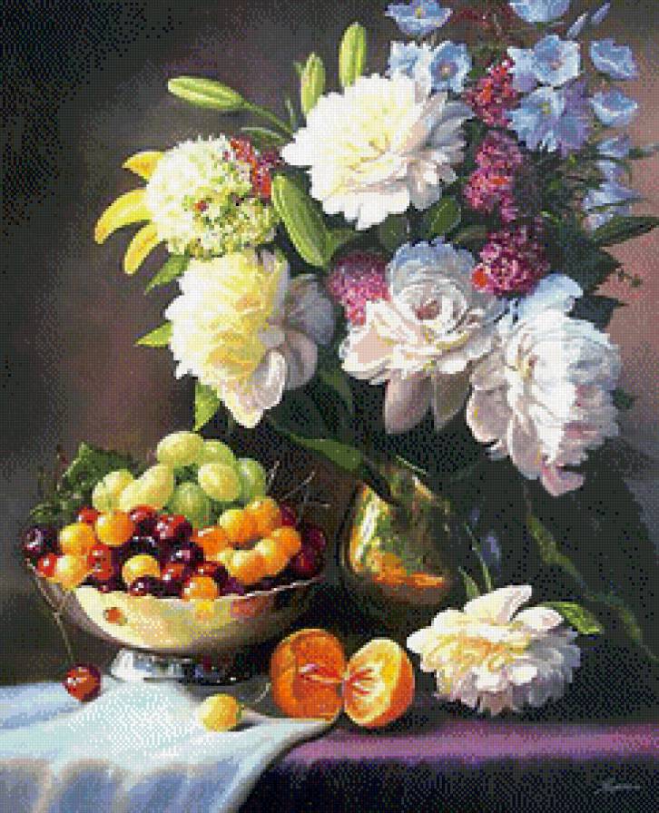 Серия "Букет" - натюрморт, букет, виноград, дельфиниум, цветы, пионы - предпросмотр