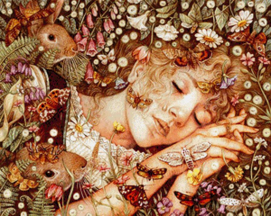сон - сон, бабочки, сказка, кролики, девушка, зайчики - предпросмотр