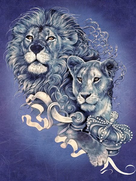 королевская чета - лев, львица, корона, хищник, пара, львы - оригинал