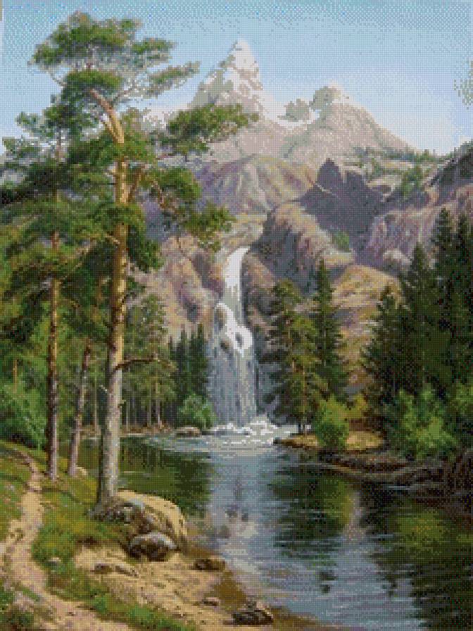водопад и скалы - природа, пейзаж, лес, горы, водопад - предпросмотр