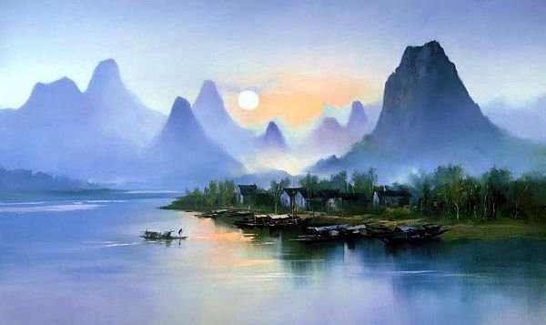 Художник Hong Leung - живопись, горы, море, картина, солнце, восход - оригинал