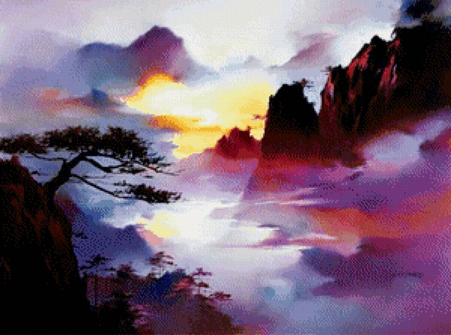 Художник Hong Leung - восход, ручей, горы, закат, живопись, картина, природа - предпросмотр
