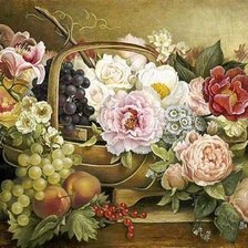 Оригинал схемы вышивки «натюрморт с цветами и виноградом» (№441870)