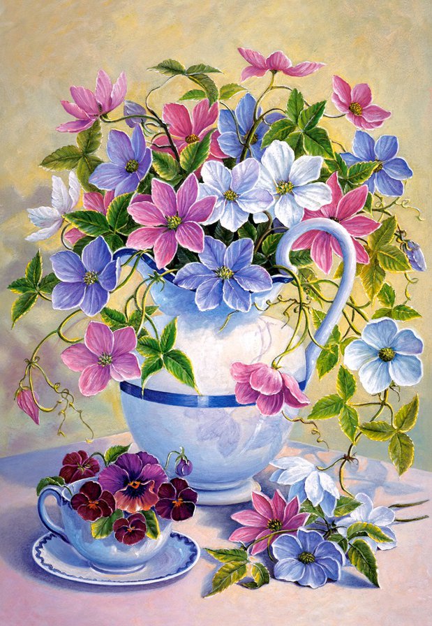 прекрасный букет - синие цветы, букет, розовые цветы, клематис, белые цветы - оригинал