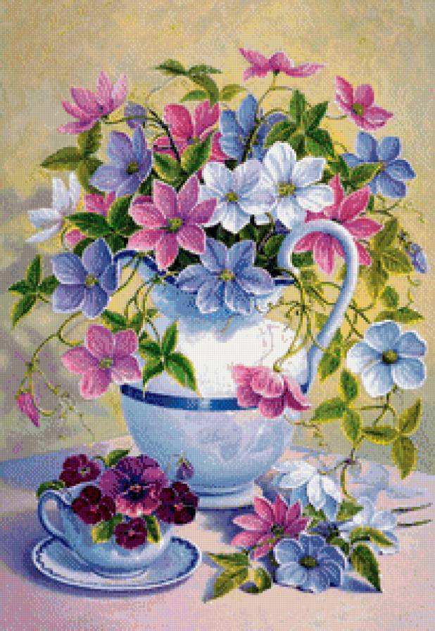прекрасный букет - клематис, букет, розовые цветы, белые цветы, синие цветы - предпросмотр
