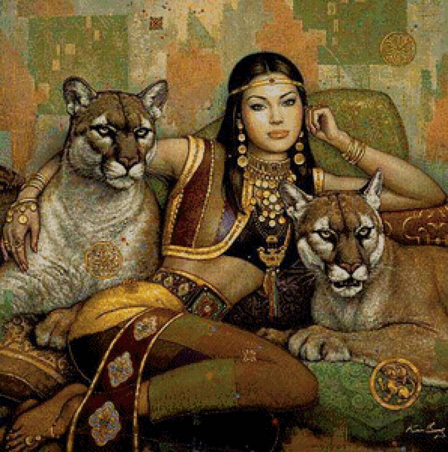 девушка и пумы - пумы, египет, девушка, животные - предпросмотр