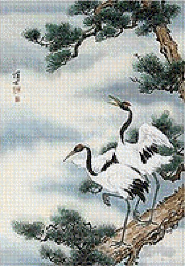 журавли и сосна - птицы, пейзаж - предпросмотр