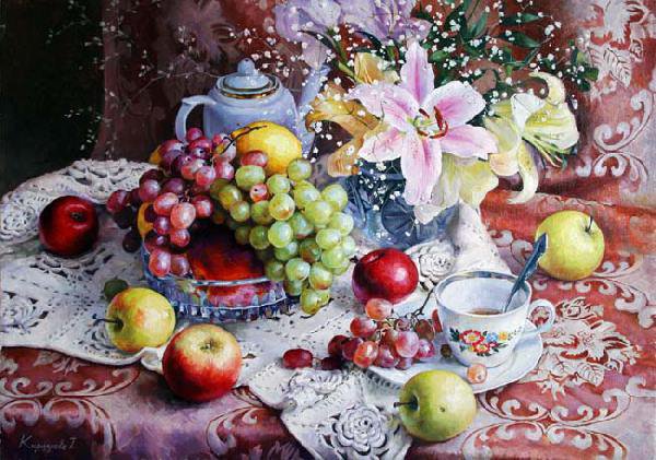 №443979 - яблоки, лилии, виноград, натюрморт - оригинал