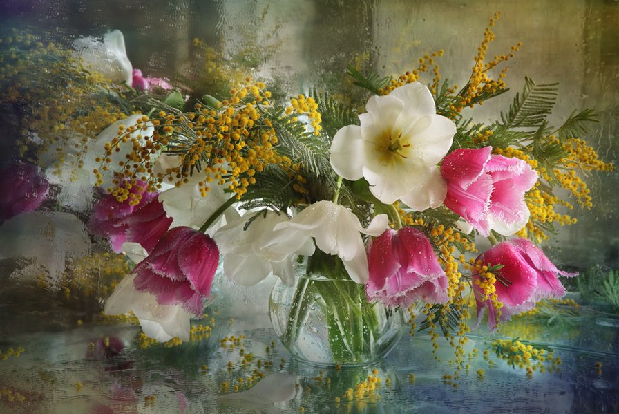 Серия "Цветы под дождем" - мимоза, цветы, тюльпаны - оригинал