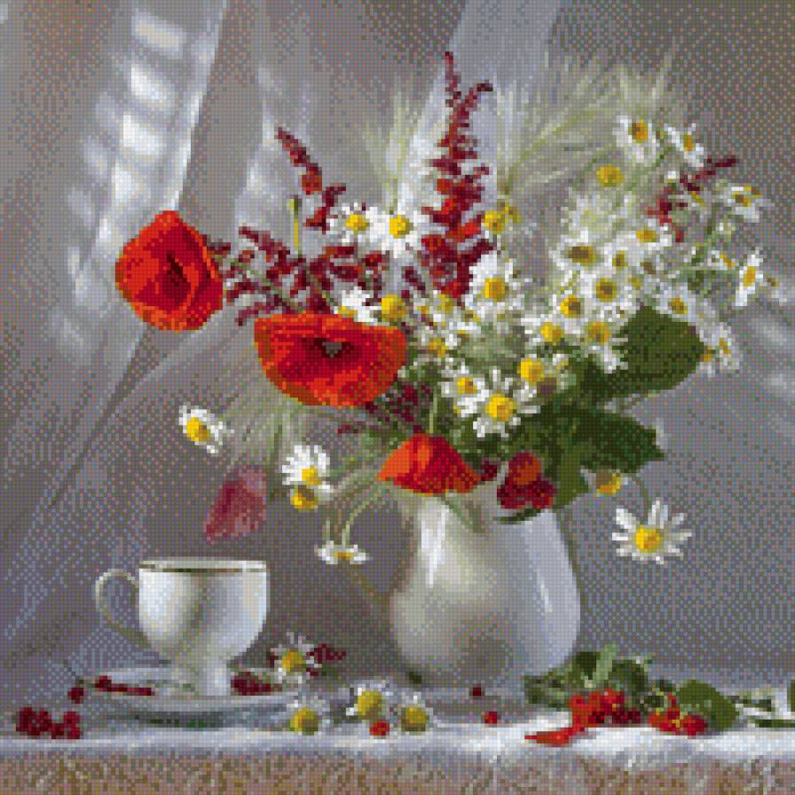 Ромашки и маки - натюрморт, цветы - предпросмотр