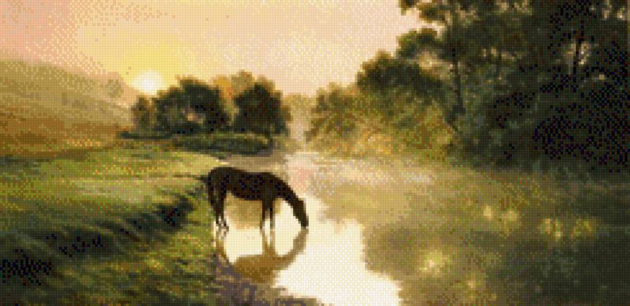 Вечерний туман - туман, лошадь, лес, река, лето, пейзаж - предпросмотр