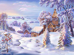 Зимний пейзаж - пейзаж, домик, зима - оригинал