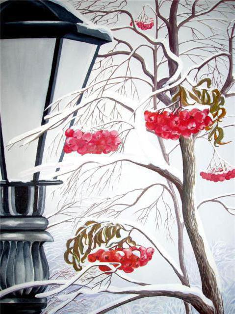 Гроздья рябины - зима, рябина, фонарь - оригинал