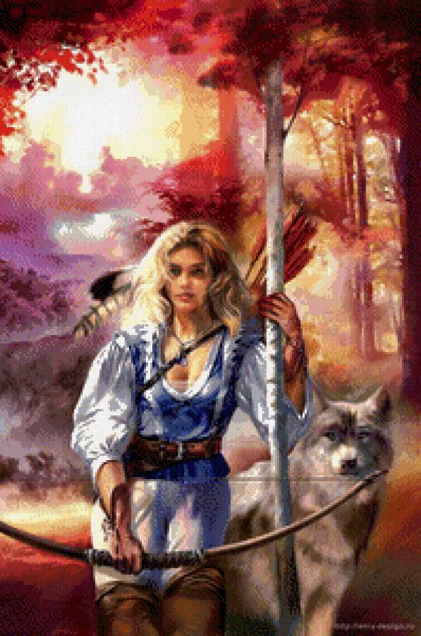 диана - девушка, природа, волк, животное - предпросмотр