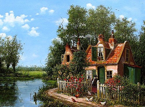 Голландский пейзаж - озеро, пейзаж, домик - оригинал
